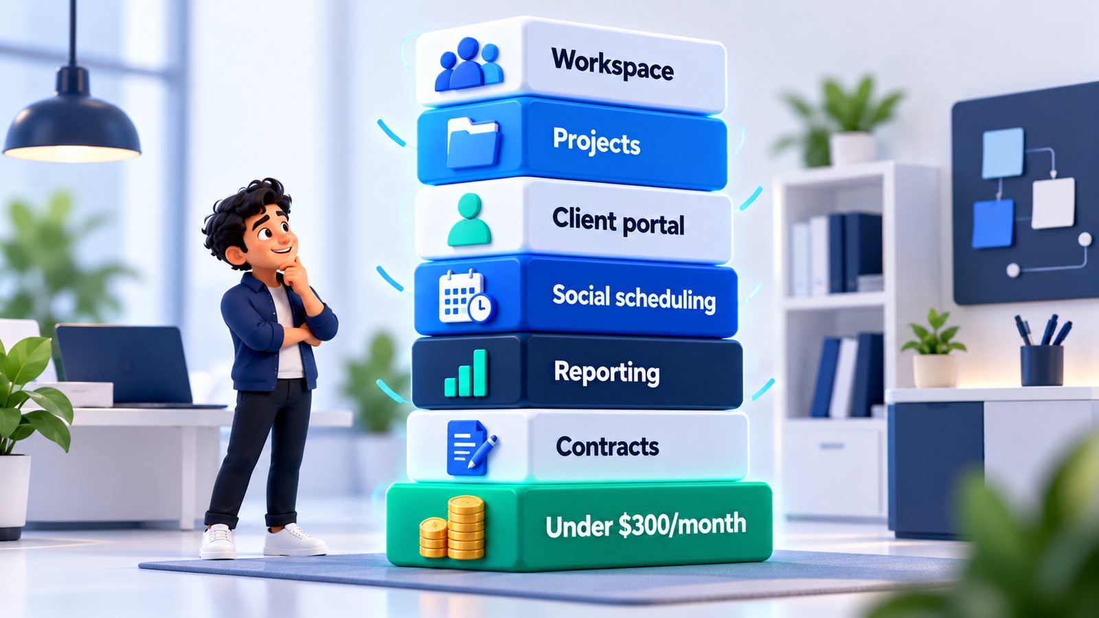 A small agency stack under $300 a month: workspace, projects, client portal, social scheduling, reporting, contracts