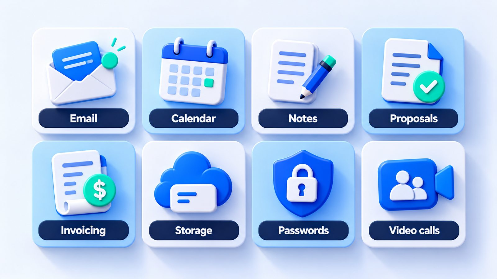 The solo consultant stack: email, calendar, notes, proposals, invoicing, storage, passwords, video calls