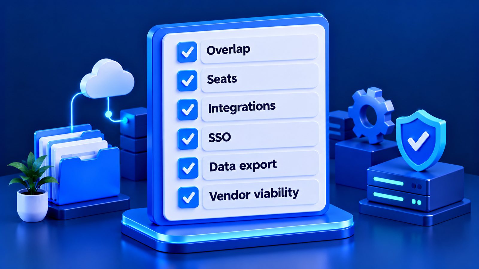 Stack audit checklist: overlap, seats, integrations, SSO, data export, vendor viability