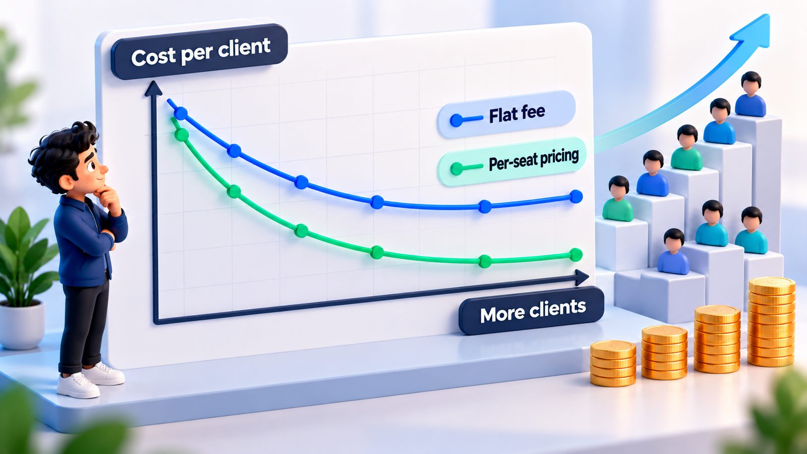 Cost per client falls as client count grows: flat-fee vs per-seat pricing